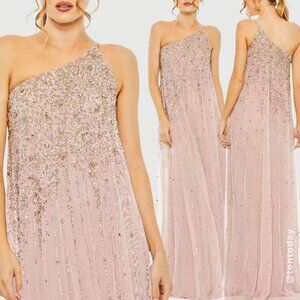$598 Mac Duggal 9224 Size 6 Light Pink Gold One Shoulder Trapeze Gown Maxi Dress